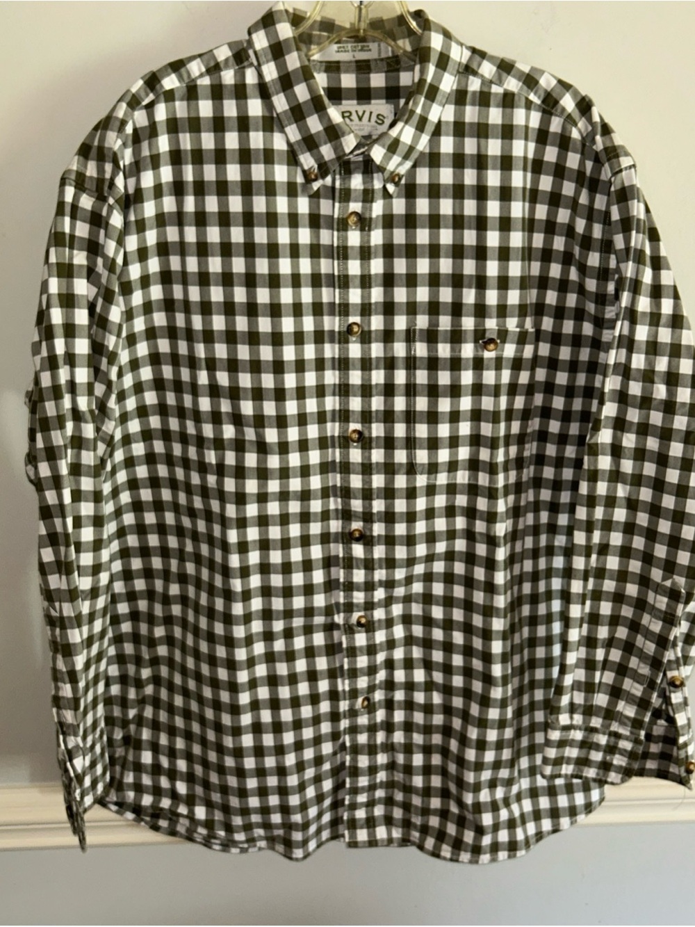 Orvis Men's Green and White Check Button-Down Shirt